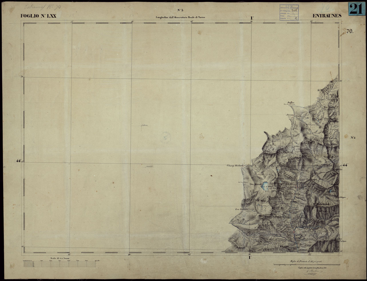 (N:23263) CARTA TOPOGRAFICA DEGLI STATI IN TERRAFERMA DI S.M. IL RE DI SARDEGNA ALLA SCALA DI 1 A 50.000 OPERA DEL CORPO REALE DELLO STATO MAGGIORE - FOGLIO NLXX ENTRAUNES (CA001196) Carte e stampe antiche: riproduzione a colori su carta (formato A1)