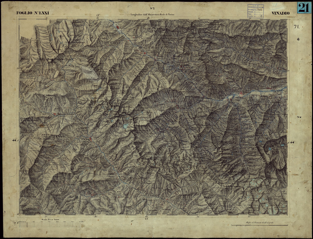 (N:23264) CARTA TOPOGRAFICA DEGLI STATI IN TERRAFERMA DI S.M. IL RE DI SARDEGNA ALLA SCALA DI 1 A 50.000 OPERA DEL CORPO REALE DELLO STATO MAGGIORE - FOGLIO NLXXI VINADIO (CA001197) Carte e stampe antiche: riproduzione a colori su carta (formato A1)