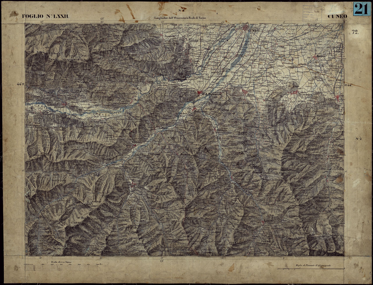 (N:23265) CARTA TOPOGRAFICA DEGLI STATI IN TERRAFERMA DI S.M. IL RE DI SARDEGNA ALLA SCALA DI 1 A 50.000 OPERA DEL CORPO REALE DELLO STATO MAGGIORE - FOGLIO NLXXII CUNEO (CA001198) Carte e stampe antiche: riproduzione a colori su carta (formato A1)