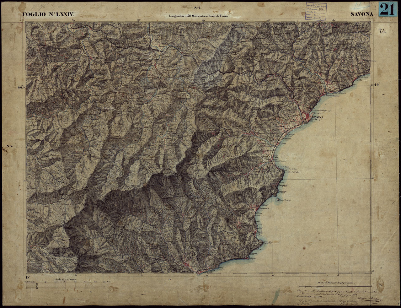 (N:23267) CARTA TOPOGRAFICA DEGLI STATI IN TERRAFERMA DI S.M. IL RE DI SARDEGNA ALLA SCALA DI 1 A 50.000 OPERA DEL CORPO REALE DELLO STATO MAGGIORE - FOGLIO NLXXIV SAVONA (CA001200) Carte e stampe antiche: riproduzione a colori su carta (formato A1)