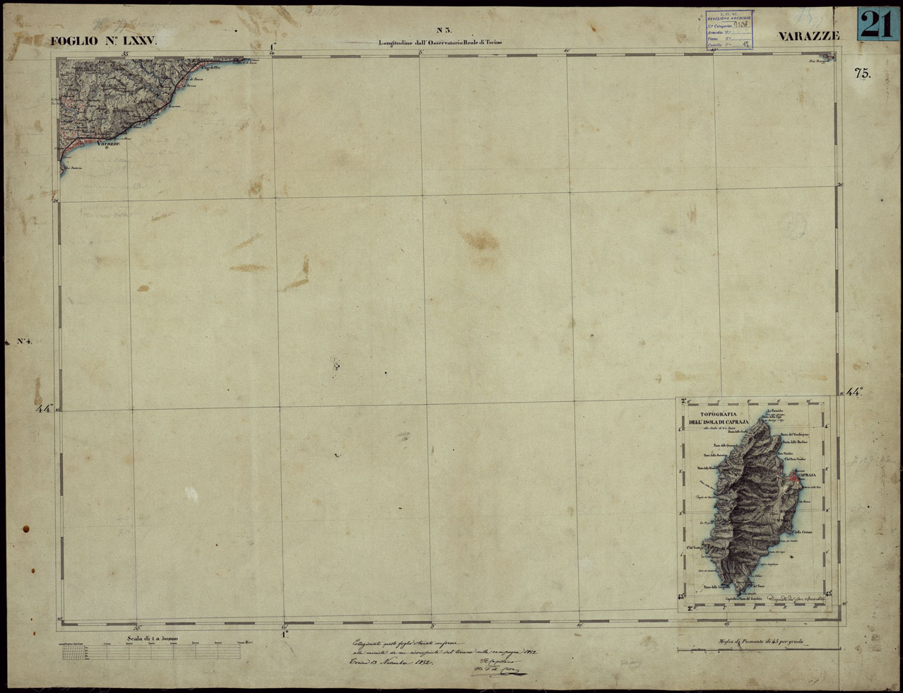 (N:23268) CARTA TOPOGRAFICA DEGLI STATI IN TERRAFERMA DI S.M. IL RE DI SARDEGNA ALLA SCALA DI 1 A 50.000 OPERA DEL CORPO REALE DELLO STATO MAGGIORE - FOGLIO NLXXV  VARAZZE (CA001201) Carte e stampe antiche: riproduzione a colori su carta (formato A1)