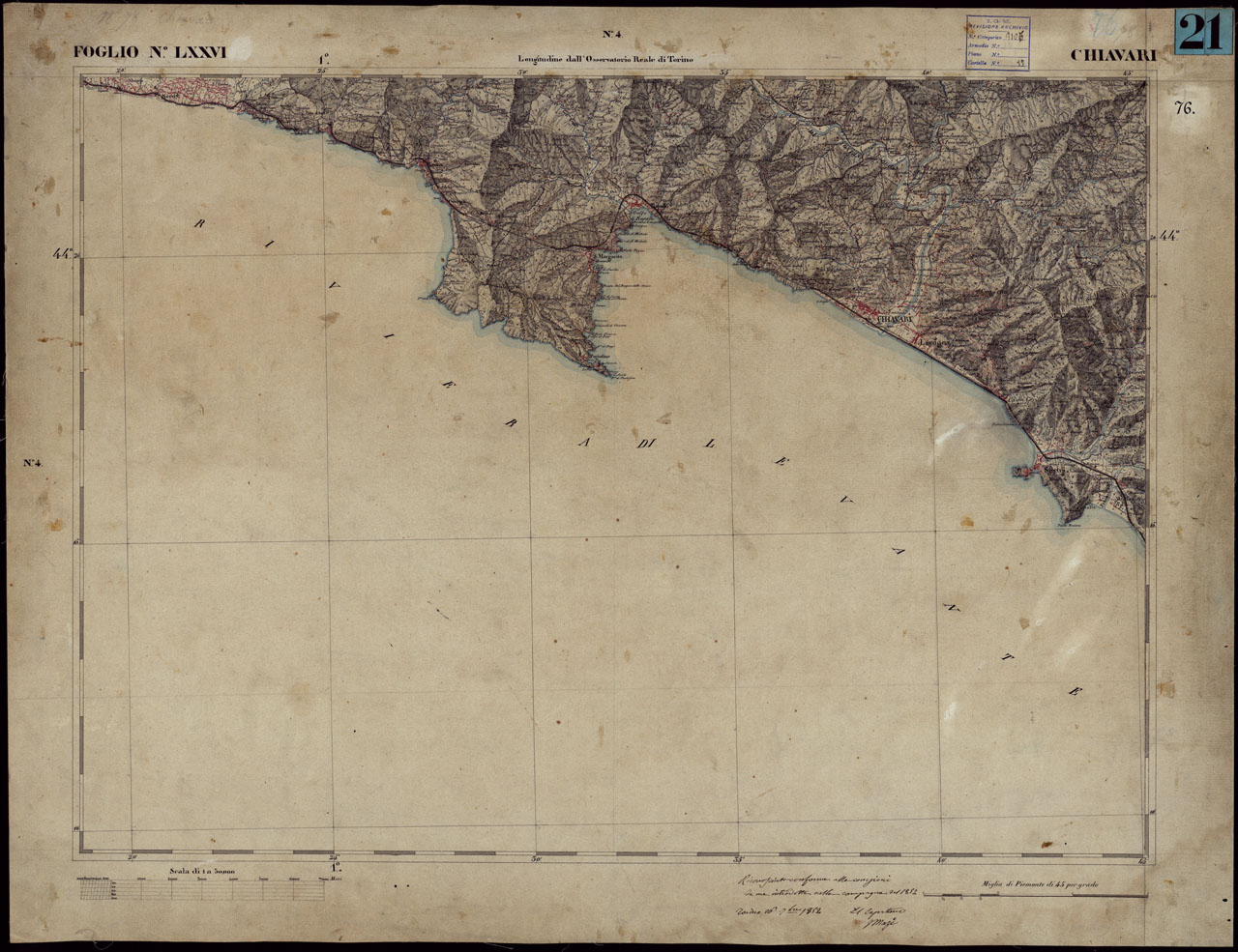 (N:23269) CARTA TOPOGRAFICA DEGLI STATI IN TERRAFERMA DI S.M. IL RE DI SARDEGNA ALLA SCALA DI 1 A 50.000 OPERA DEL CORPO REALE DELLO STATO MAGGIORE - FOGLIO NLXXVI  CHIAVARI (CA001202) Carte e stampe antiche: riproduzione a colori su carta (formato A1)