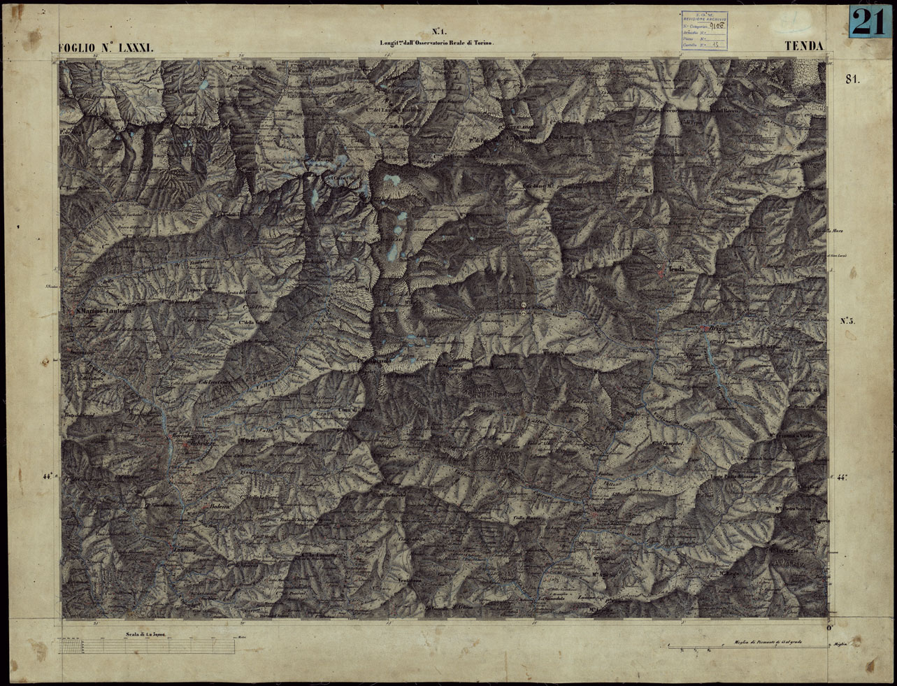 (N:23274) CARTA TOPOGRAFICA DEGLI STATI IN TERRAFERMA DI S.M. IL RE DI SARDEGNA ALLA SCALA DI 1 A 50.000 OPERA DEL CORPO REALE DELLO STATO MAGGIORE - FOGLIO NLXXXI TENDA (CA001207) Carte e stampe antiche: riproduzione a colori su carta (formato A1)
