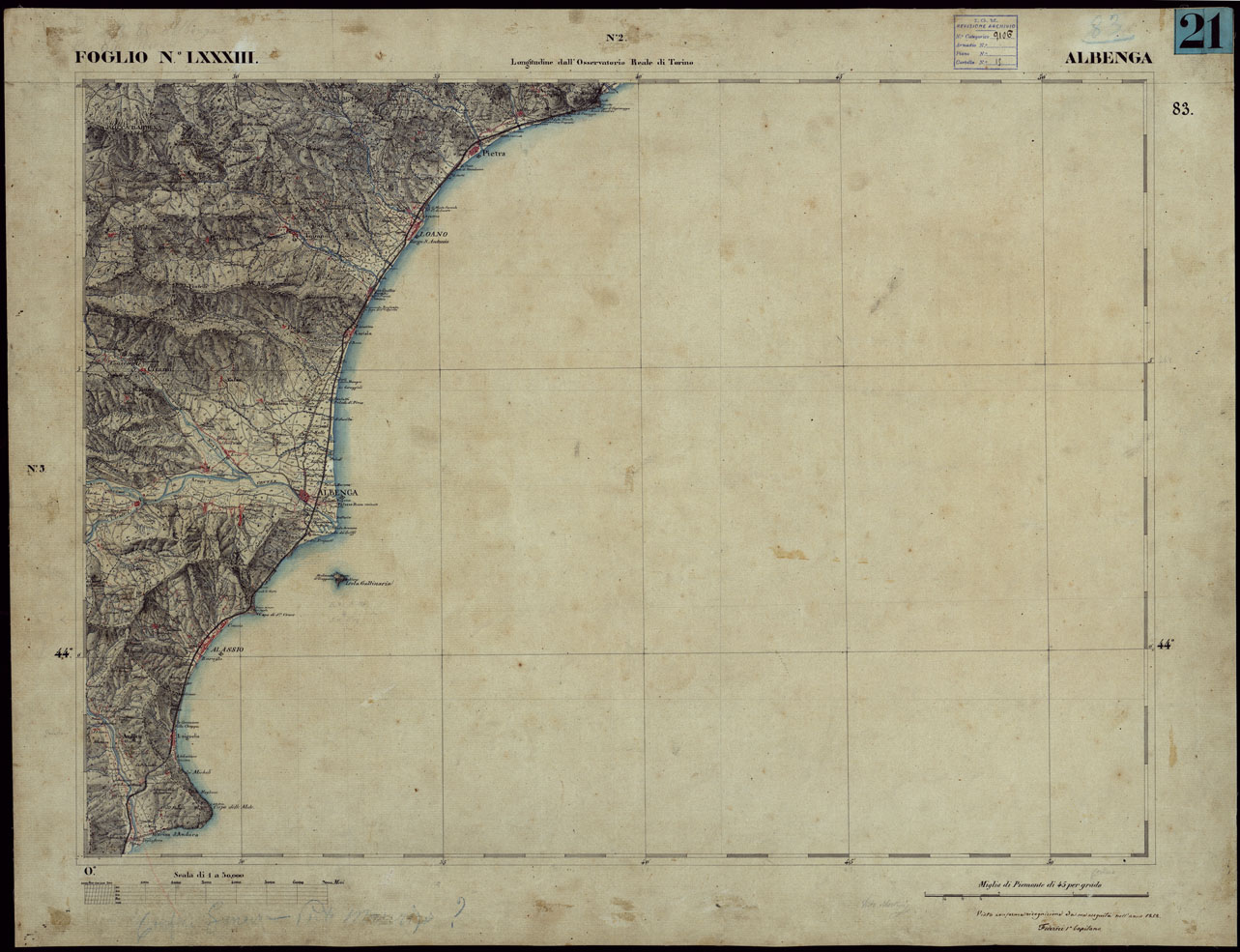 (N:23276) CARTA TOPOGRAFICA DEGLI STATI IN TERRAFERMA DI S.M. IL RE DI SARDEGNA ALLA SCALA DI 1 A 50.000 OPERA DEL CORPO REALE DELLO STATO MAGGIORE - FOGLIO NLXXXIII ALBENGA (CA001209) Carte e stampe antiche: riproduzione a colori su carta (formato A1)