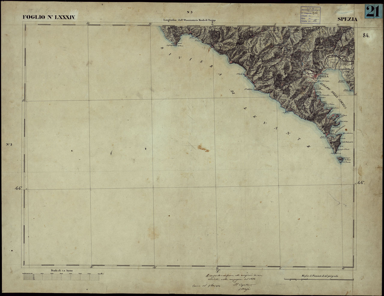 (N:23277) CARTA TOPOGRAFICA DEGLI STATI IN TERRAFERMA DI S.M. IL RE DI SARDEGNA ALLA SCALA DI 1 A 50.000 OPERA DEL CORPO REALE DELLO STATO MAGGIORE - FOGLIO NLXXXIV SPEZIA (CA001210) Carte e stampe antiche: riproduzione a colori su carta (formato A1)