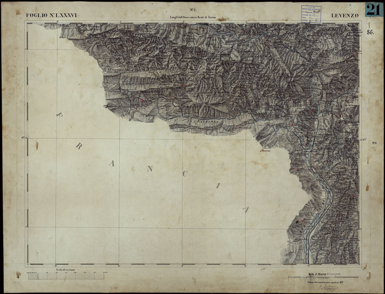 (N:23279) CARTA TOPOGRAFICA DEGLI STATI IN TERRAFERMA DI S.M. IL RE DI SARDEGNA ALLA SCALA DI 1 A 50.000 OPERA DEL CORPO REALE DELLO STATO MAGGIORE - FOGLIO NLXXXVI LEVENZO (CA001212) Carte e stampe antiche: riproduzione a colori su carta (formato A1)