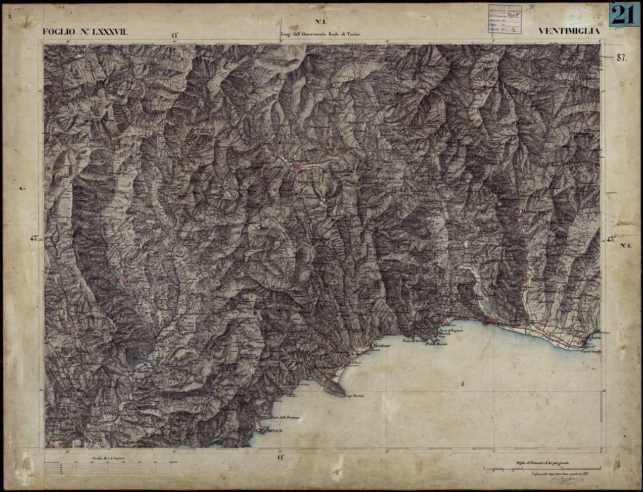 (N:23280) CARTA TOPOGRAFICA DEGLI STATI IN TERRAFERMA DI S.M. IL RE DI SARDEGNA ALLA SCALA DI 1 A 50.000 OPERA DEL CORPO REALE DELLO STATO MAGGIORE - FOGLIO NLXXXVII VENTIMIGLIA (CA001213) Carte e stampe antiche: riproduzione a colori su carta (formato A1)