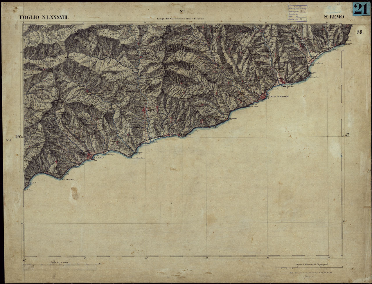 (N:23281) CARTA TOPOGRAFICA DEGLI STATI IN TERRAFERMA DI S.M. IL RE DI SARDEGNA ALLA SCALA DI 1 A 50.000 OPERA DEL CORPO REALE DELLO STATO MAGGIORE - FOGLIO NLXXXVIII S. REMO (CA001214) Carte e stampe antiche: riproduzione a colori su carta (formato A1)