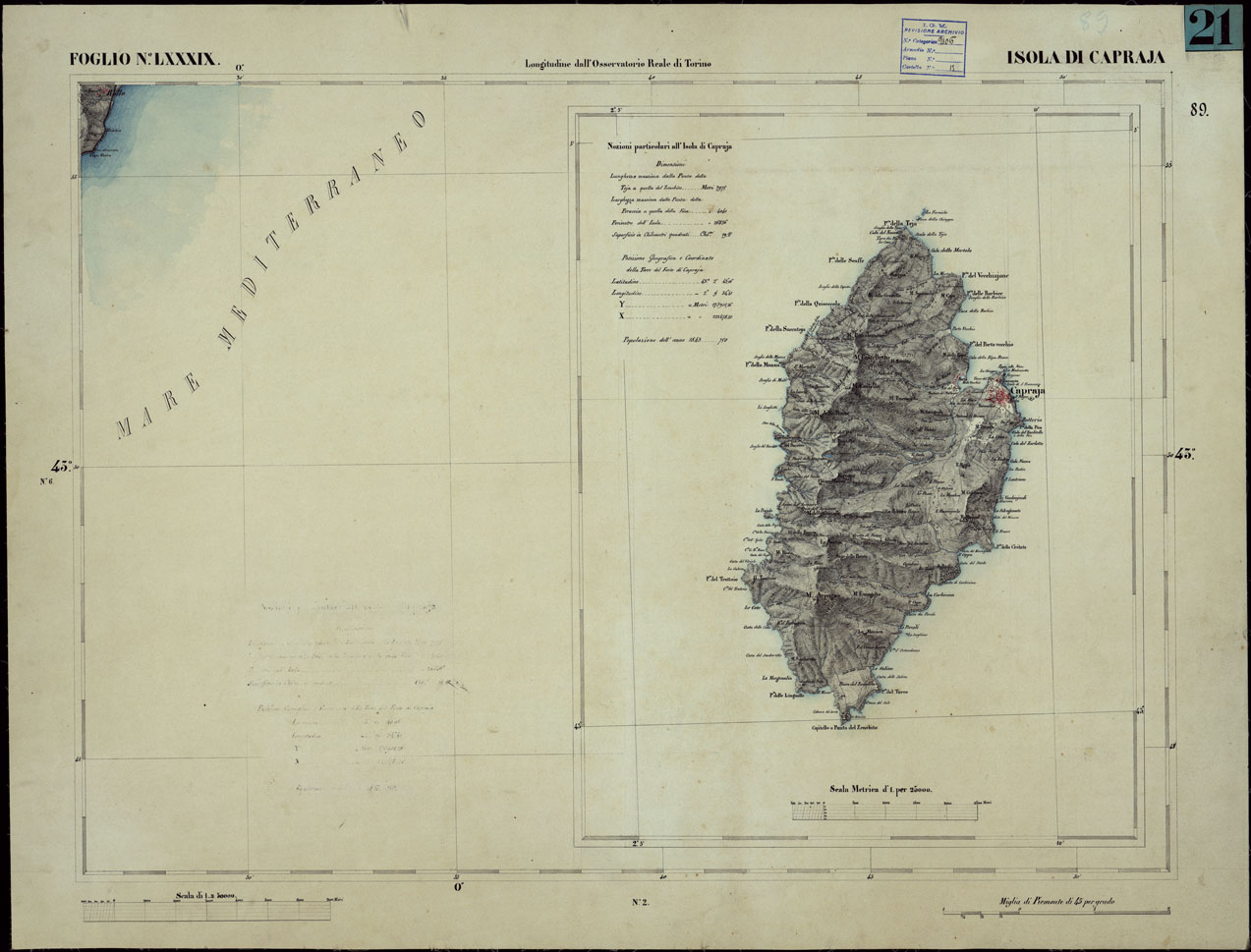 (N:23282) CARTA TOPOGRAFICA DEGLI STATI IN TERRAFERMA DI S.M. IL RE DI SARDEGNA ALLA SCALA DI 1 A 50.000 OPERA DEL CORPO REALE DELLO STATO MAGGIORE - FOGLIO NLXXXIX ISOLA DI CAPRAIA (CA001215) Carte e stampe antiche: riproduzione a colori su carta (formato A1)