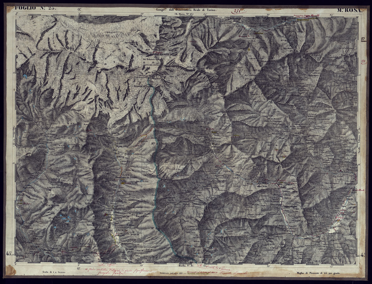 (N:23294) CARTA TOPOGRAFICA DEGLI STATI IN TERRAFERMA DI S.M. IL RE DI SARDEGNA ALLA SCALA DI 1 A 50.000 OPERA DEL CORPO REALE DELLO STATO MAGGIORE - FOGLIO N23 M. ROSA (CA001227) Carte e stampe antiche: riproduzione a colori su carta (formato A1)