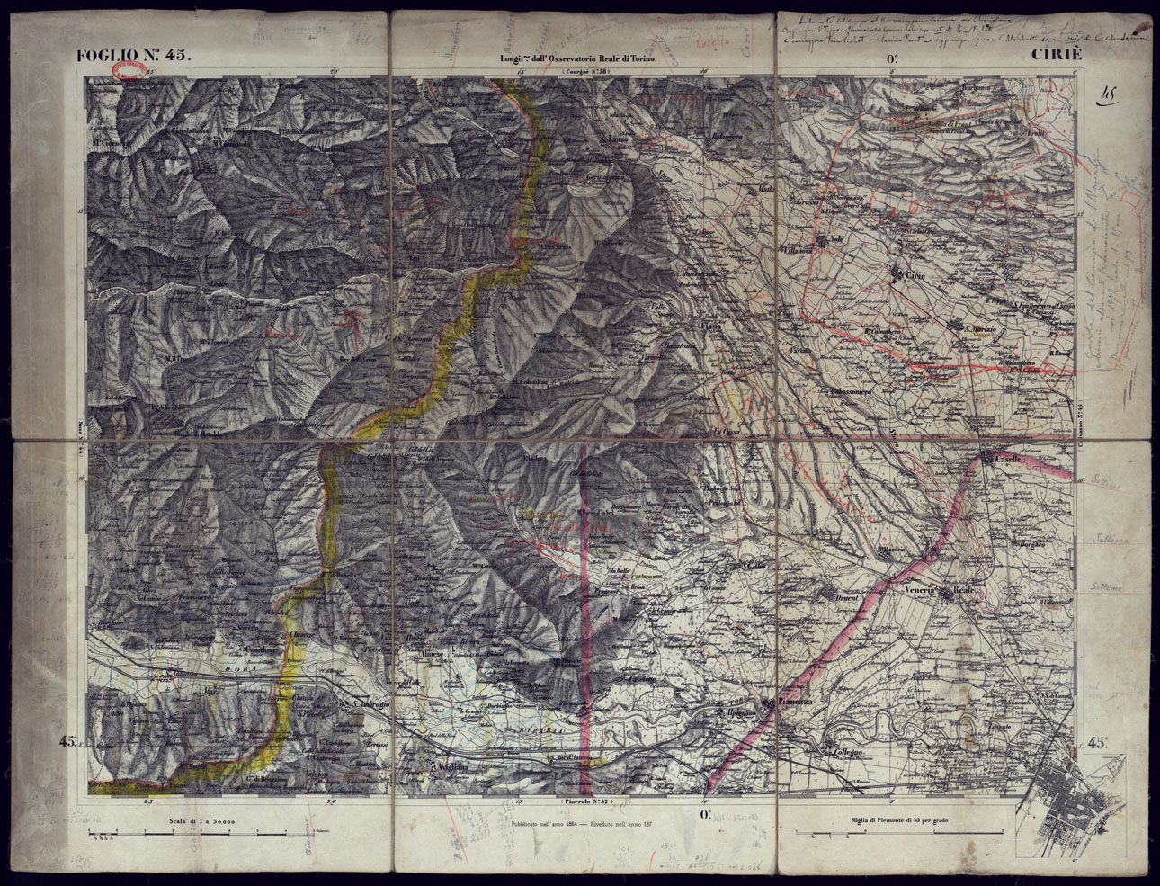 (N:23313) CARTA TOPOGRAFICA DEGLI STATI IN TERRAFERMA DI S.M. IL RE DI SARDEGNA ALLA SCALA DI 1 A 50.000 OPERA DEL CORPO REALE DELLO STATO MAGGIORE - FOGLIO N45 CIRIE' (CA001244) Carte e stampe antiche: riproduzione a colori su carta (formato A1)