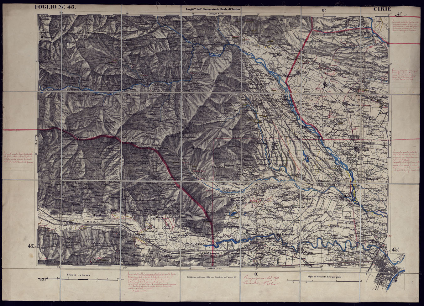 (N:23314) CARTA TOPOGRAFICA DEGLI STATI IN TERRAFERMA DI S.M. IL RE DI SARDEGNA ALLA SCALA DI 1 A 50.000 OPERA DEL CORPO REALE DELLO STATO MAGGIORE - FOGLIO N45 CIRIE' (CA001245) Carte e stampe antiche: riproduzione a colori su carta (formato A1)