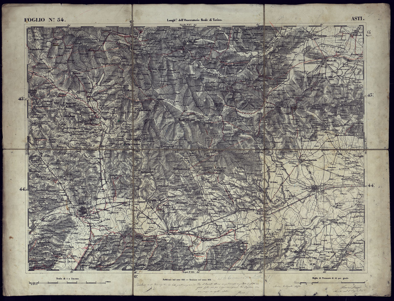 (N:23325) CARTA TOPOGRAFICA DEGLI STATI IN TERRAFERMA DI S.M. IL RE DI SARDEGNA ALLA SCALA DI 1 A 50.000 OPERA DEL CORPO REALE DELLO STATO MAGGIORE - FOGLIO N54 ASTI (CA001255) Carte e stampe antiche: riproduzione a colori su carta (formato A1)