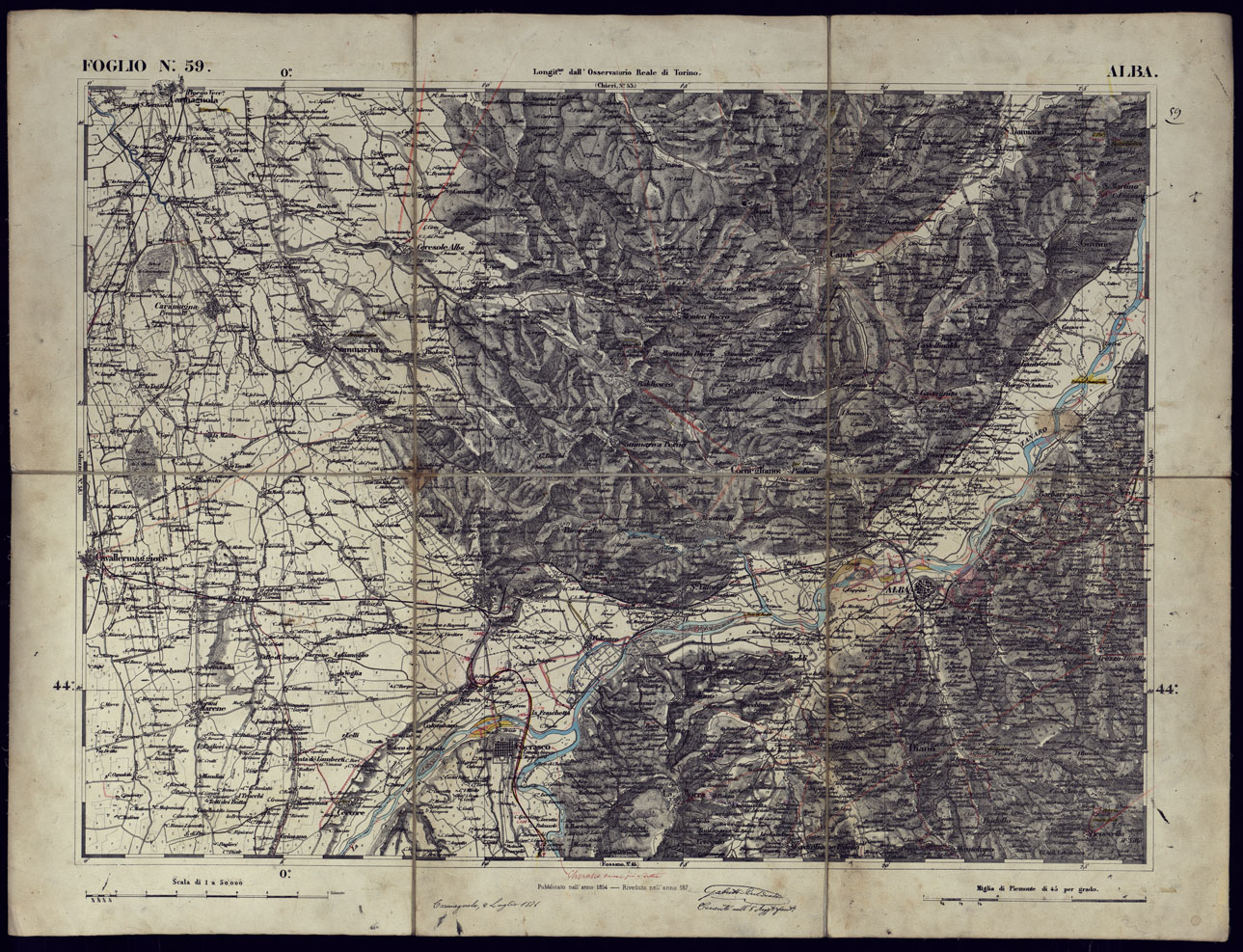 (N:23330) CARTA TOPOGRAFICA DEGLI STATI IN TERRAFERMA DI S.M. IL RE DI SARDEGNA ALLA SCALA DI 1 A 50.000 OPERA DEL CORPO REALE DELLO STATO MAGGIORE - FOGLIO N59 ALBA (CA001260) Carte e stampe antiche: riproduzione a colori su carta (formato A1)
