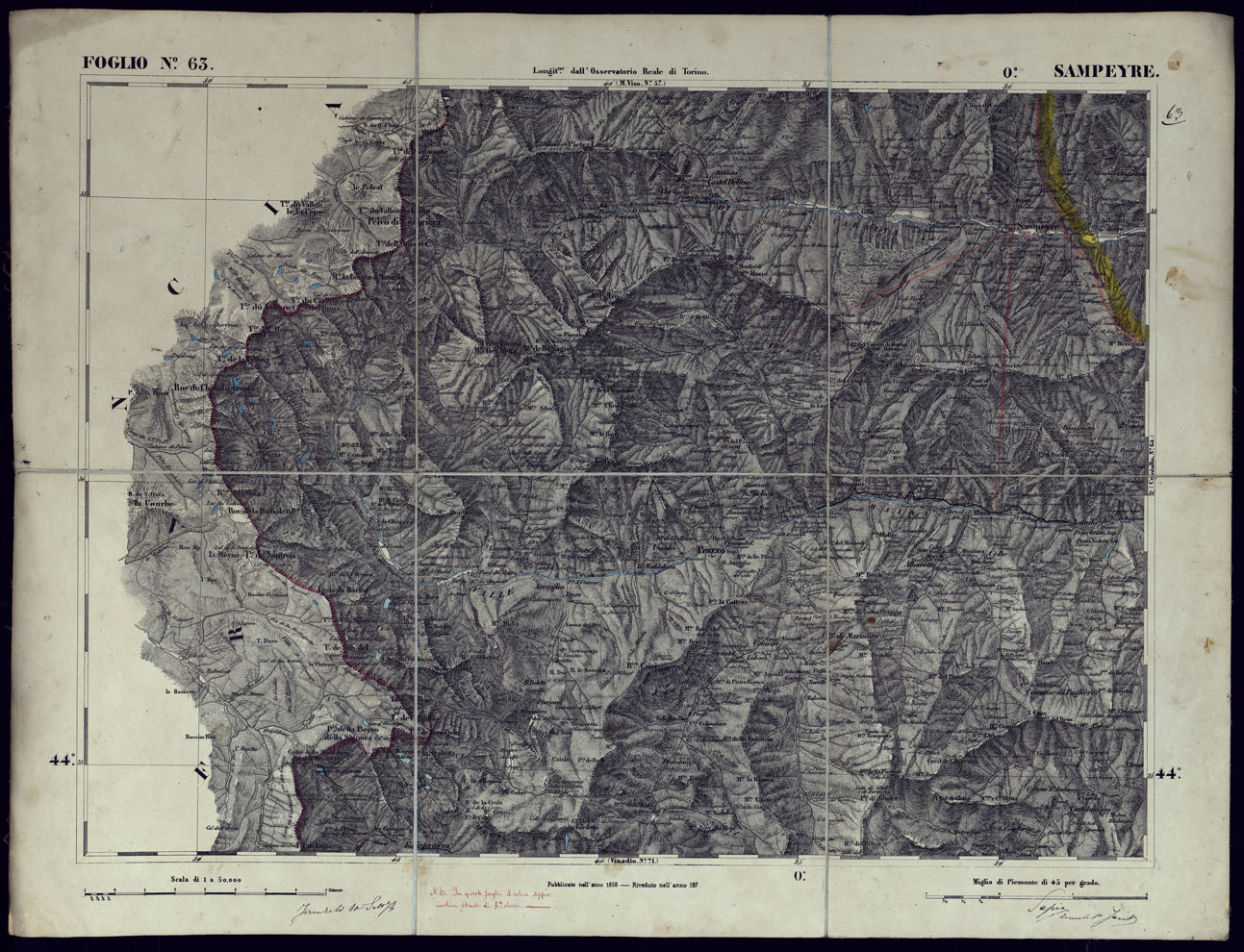 (N:23334) CARTA TOPOGRAFICA DEGLI STATI IN TERRAFERMA DI S.M. IL RE DI SARDEGNA ALLA SCALA DI 1 A 50.000 OPERA DEL CORPO REALE DELLO STATO MAGGIORE - FOGLIO N63 SAMPEYRE (CA001264) Carte e stampe antiche: riproduzione a colori su carta (formato A1)
