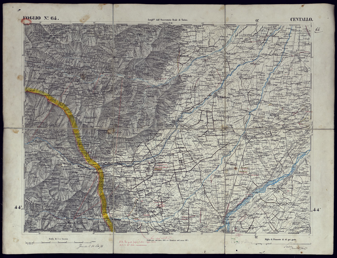 (N:23335) CARTA TOPOGRAFICA DEGLI STATI IN TERRAFERMA DI S.M. IL RE DI SARDEGNA ALLA SCALA DI 1 A 50.000 OPERA DEL CORPO REALE DELLO STATO MAGGIORE - FOGLIO N64 CENTALLO (CA001265) Carte e stampe antiche: riproduzione a colori su carta (formato A1)