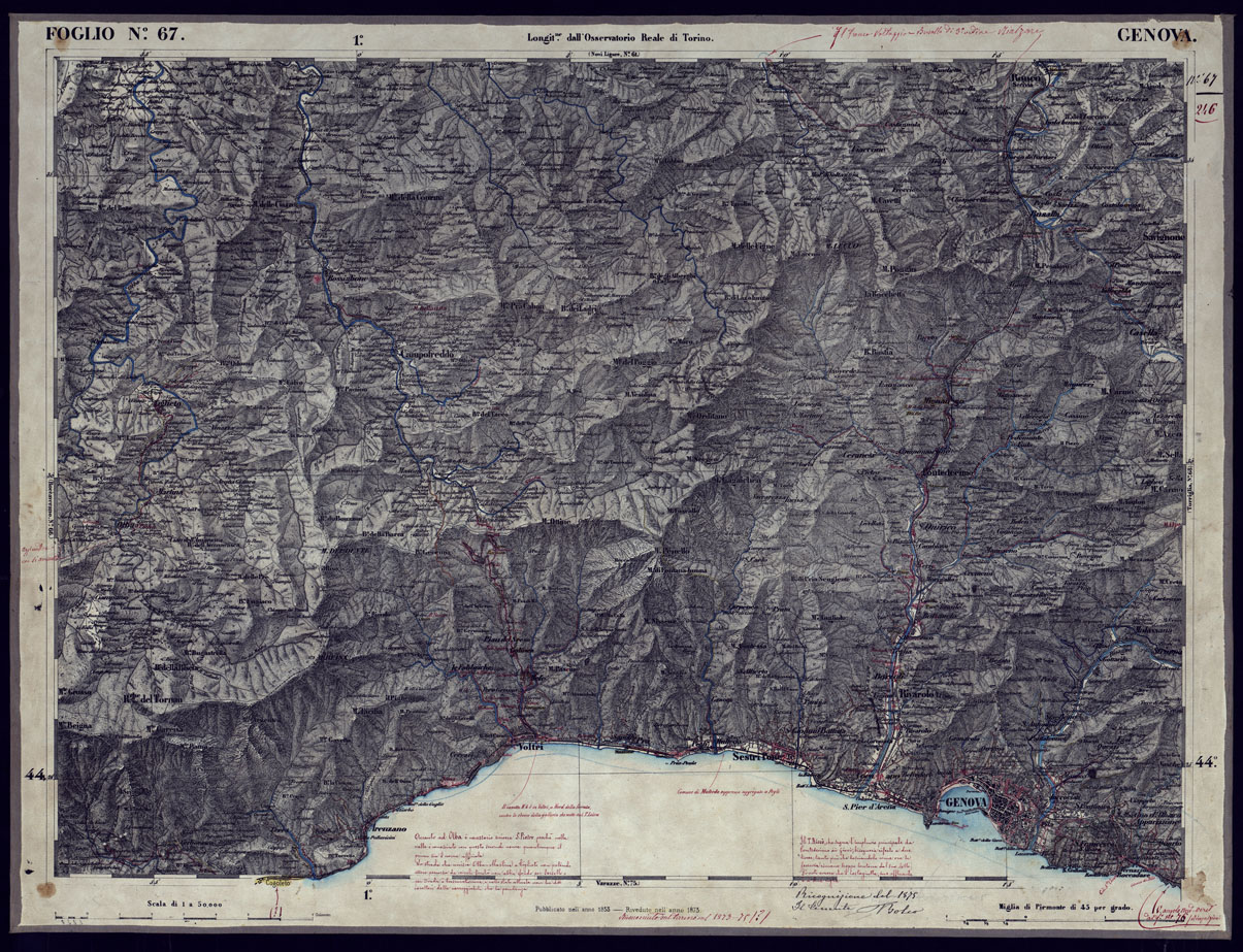 (N:23339) CARTA TOPOGRAFICA DEGLI STATI IN TERRAFERMA DI S.M. IL RE DI SARDEGNA ALLA SCALA DI 1 A 50.000 OPERA DEL CORPO REALE DELLO STATO MAGGIORE - FOGLIO N67 GENOVA (CA001269) Carte e stampe antiche: riproduzione a colori su carta (formato A1)