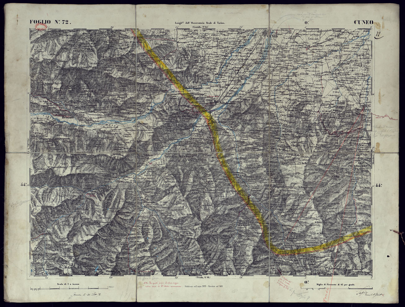 (N:23342) CARTA TOPOGRAFICA DEGLI STATI IN TERRAFERMA DI S.M. IL RE DI SARDEGNA ALLA SCALA DI 1 A 50.000 OPERA DEL CORPO REALE DELLO STATO MAGGIORE - FOGLIO N72  CUNEO (CA001272) Carte e stampe antiche: riproduzione a colori su carta (formato A1)