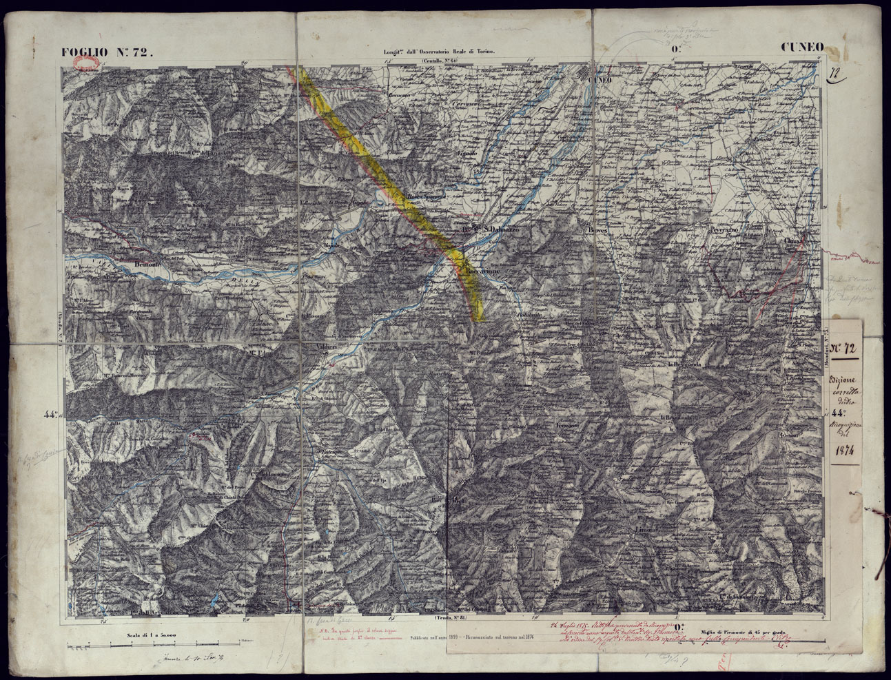 (N:23343) CARTA TOPOGRAFICA DEGLI STATI IN TERRAFERMA DI S.M. IL RE DI SARDEGNA ALLA SCALA DI 1 A 50.000 OPERA DEL CORPO REALE DELLO STATO MAGGIORE - FOGLIO N72 CUNEO (CA001273) Carte e stampe antiche: riproduzione a colori su carta (formato A1)