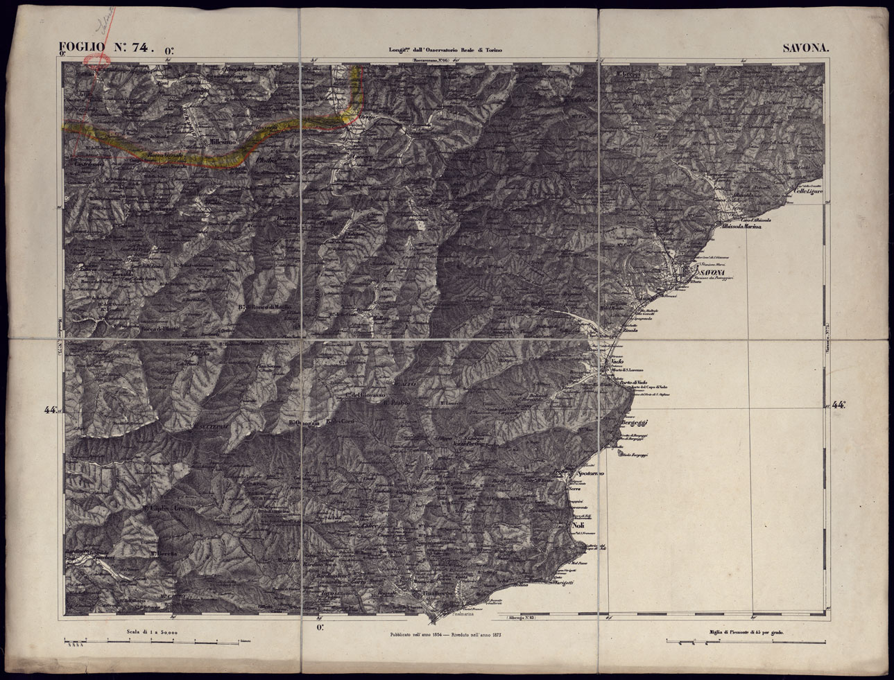 (N:23345) CARTA TOPOGRAFICA DEGLI STATI IN TERRAFERMA DI S.M. IL RE DI SARDEGNA ALLA SCALA DI 1 A 50.000 OPERA DEL CORPO REALE DELLO STATO MAGGIORE - FOGLIO N74 SAVONA (CA001275) Carte e stampe antiche: riproduzione a colori su carta (formato A1)