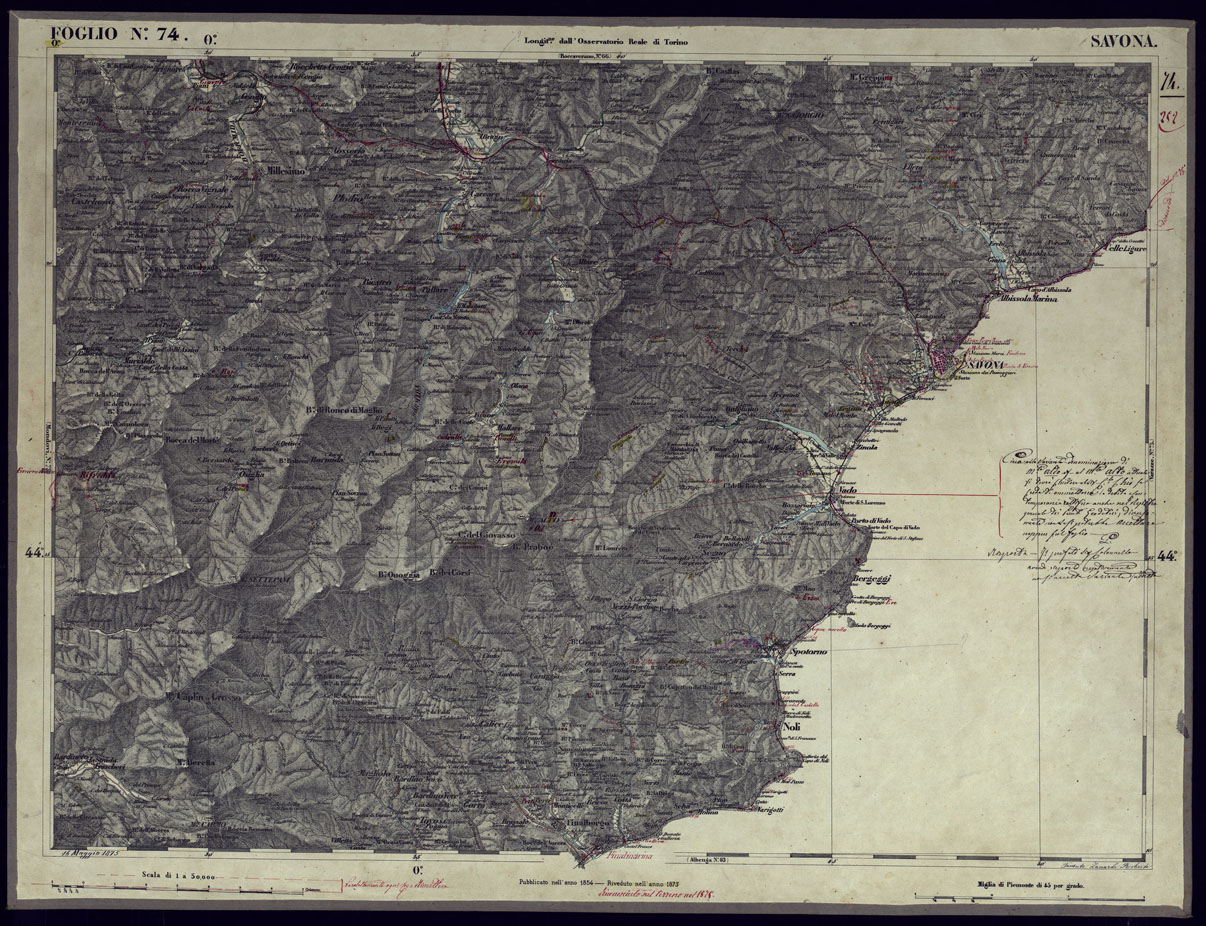 (N:23346) CARTA TOPOGRAFICA DEGLI STATI IN TERRAFERMA DI S.M. IL RE DI SARDEGNA ALLA SCALA DI 1 A 50.000 OPERA DEL CORPO REALE DELLO STATO MAGGIORE - FOGLIO N74 SAVONA (CA001276) Carte e stampe antiche: riproduzione a colori su carta (formato A1)