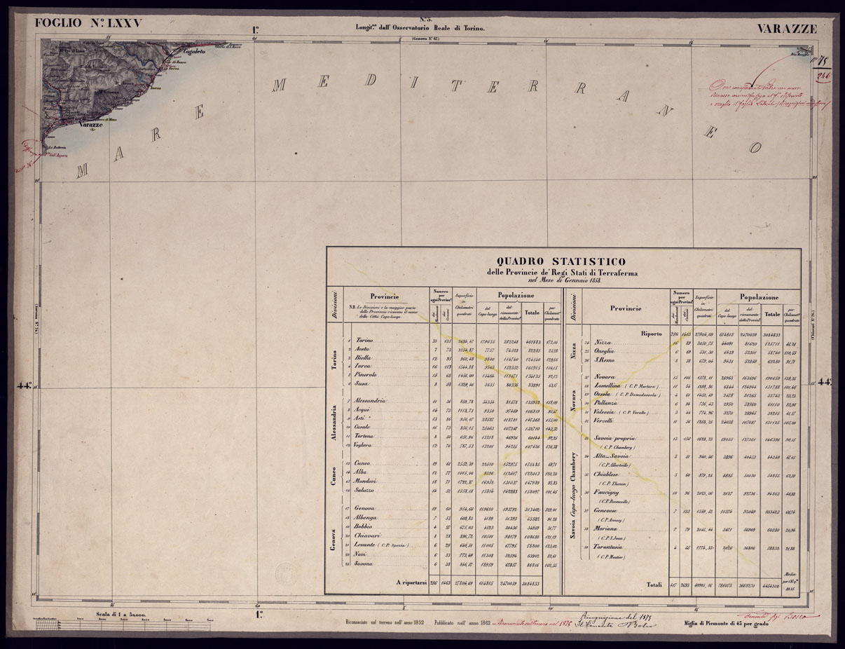 (N:23347) CARTA TOPOGRAFICA DEGLI STATI IN TERRAFERMA DI S.M. IL RE DI SARDEGNA ALLA SCALA DI 1 A 50.000 OPERA DEL CORPO REALE DELLO STATO MAGGIORE - FOGLIO NLXXV VARAZZE (CA001277) Carte e stampe antiche: riproduzione a colori su carta (formato A1)