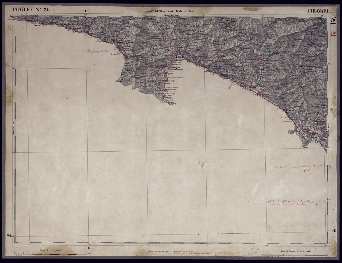 (N:23348) CARTA TOPOGRAFICA DEGLI STATI IN TERRAFERMA DI S.M. IL RE DI SARDEGNA ALLA SCALA DI 1 A 50.000 OPERA DEL CORPO REALE DELLO STATO MAGGIORE - FOGLIO N76 CHIAVARI (CA001278) Carte e stampe antiche: riproduzione a colori su carta (formato A1)