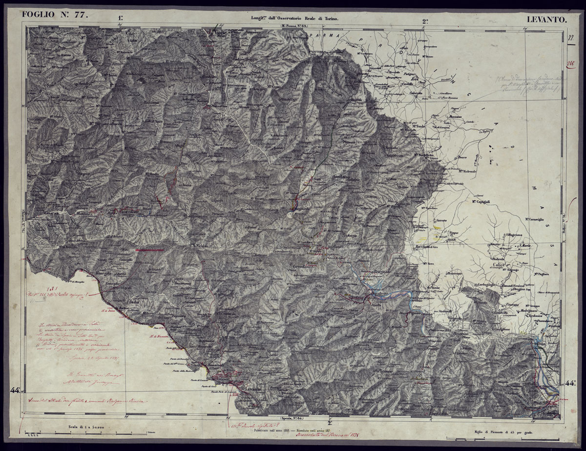 (N:23349) CARTA TOPOGRAFICA DEGLI STATI IN TERRAFERMA DI S.M. IL RE DI SARDEGNA ALLA SCALA DI 1 A 50.000 OPERA DEL CORPO REALE DELLO STATO MAGGIORE - FOGLIO N77 LEVANTO (CA001279) Carte e stampe antiche: riproduzione a colori su carta (formato A1)
