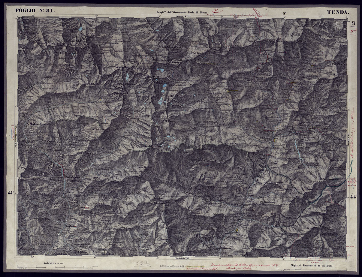 (N:23352) CARTA TOPOGRAFICA DEGLI STATI IN TERRAFERMA DI S.M. IL RE DI SARDEGNA ALLA SCALA DI 1 A 50.000 OPERA DEL CORPO REALE DELLO STATO MAGGIORE - FOGLIO N81 TENDA (CA001282) Carte e stampe antiche: riproduzione a colori su carta (formato A1)