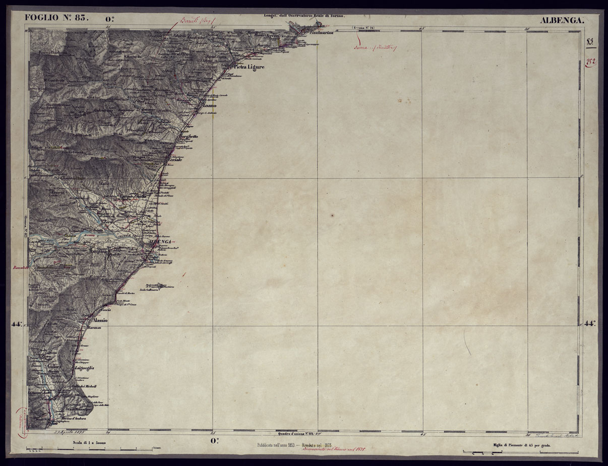 (N:23355) CARTA TOPOGRAFICA DEGLI STATI IN TERRAFERMA DI S.M. IL RE DI SARDEGNA ALLA SCALA DI 1 A 50.000 OPERA DEL CORPO REALE DELLO STATO MAGGIORE - FOGLIO N83 ALBENGA (CA001285) Carte e stampe antiche: riproduzione a colori su carta (formato A1)