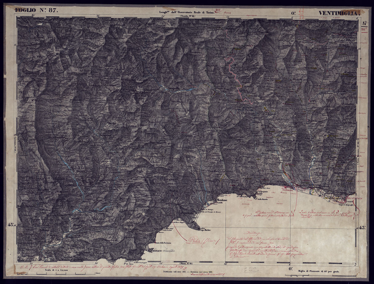 (N:23358) CARTA TOPOGRAFICA DEGLI STATI IN TERRAFERMA DI S.M. IL RE DI SARDEGNA ALLA SCALA DI 1 A 50.000 OPERA DEL CORPO REALE DELLO STATO MAGGIORE - FOGLIO N87 VENTIMIGLIA (CA001288) Carte e stampe antiche: riproduzione a colori su carta (formato A1)