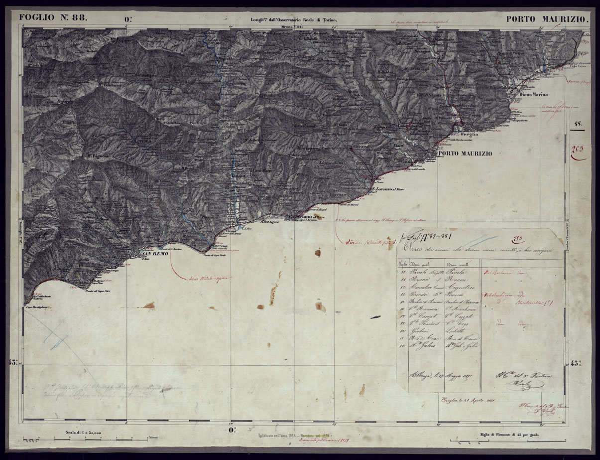 (N:23359) CARTA TOPOGRAFICA DEGLI STATI IN TERRAFERMA DI S.M. IL RE DI SARDEGNA ALLA SCALA DI 1 A 50.000 OPERA DEL CORPO REALE DELLO STATO MAGGIORE - FOGLIO N88  PORTO MAURIZIO (CA001289) Carte e stampe antiche: riproduzione a colori su carta (formato A1)