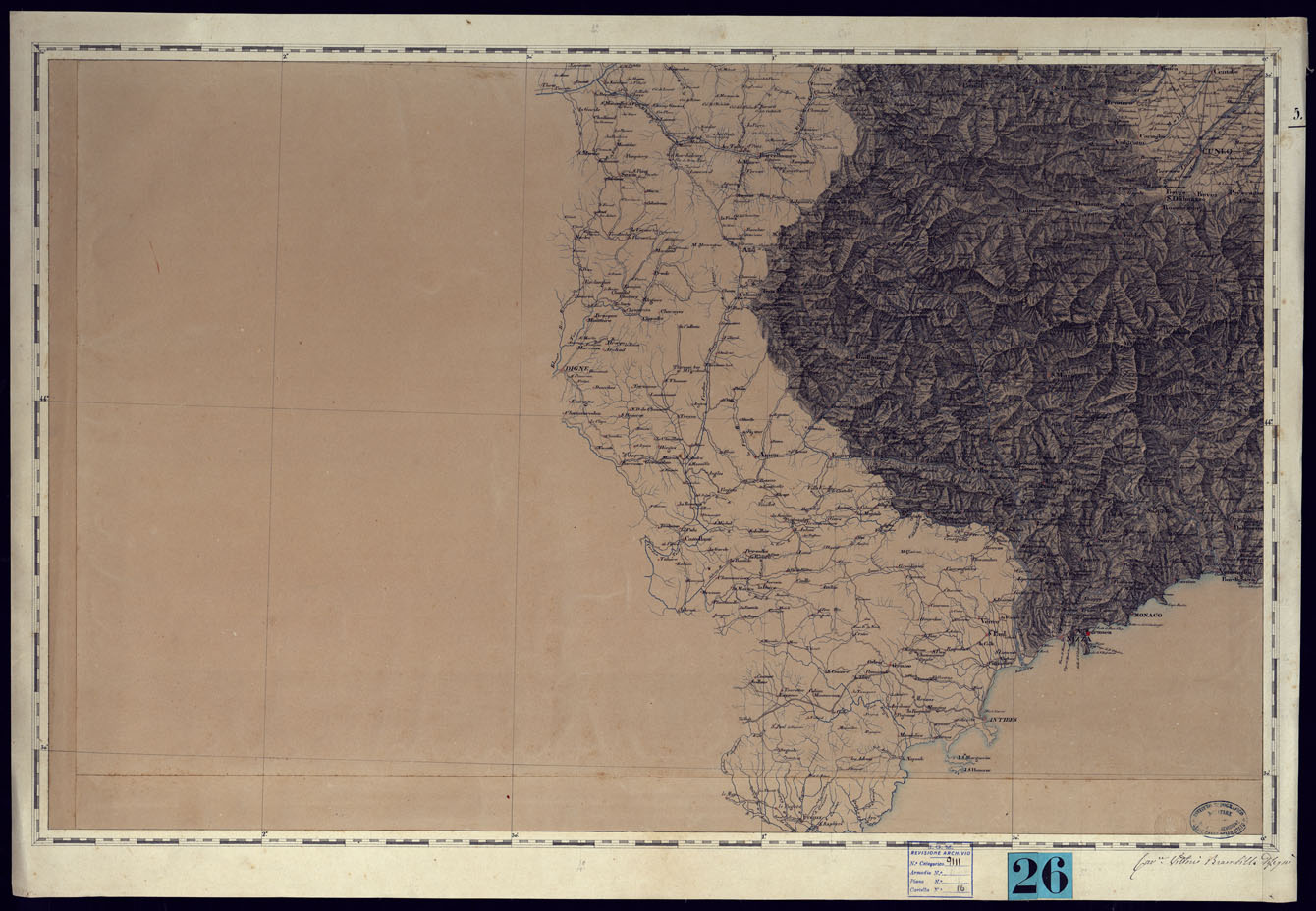 (N:6086) CARTA DEGLI STATI DI SUA MAESTA SARDA IN TERRAFERMA OPERA DEL CORPO DI STATO MAGGIORE GENERALE INCISA O PUBBLICATA PER ORDINE DI S.M. L'ANNO 18 - FOGLIO 5. (CA001309) Carte e stampe antiche: riproduzione a colori su carta (formato A1)