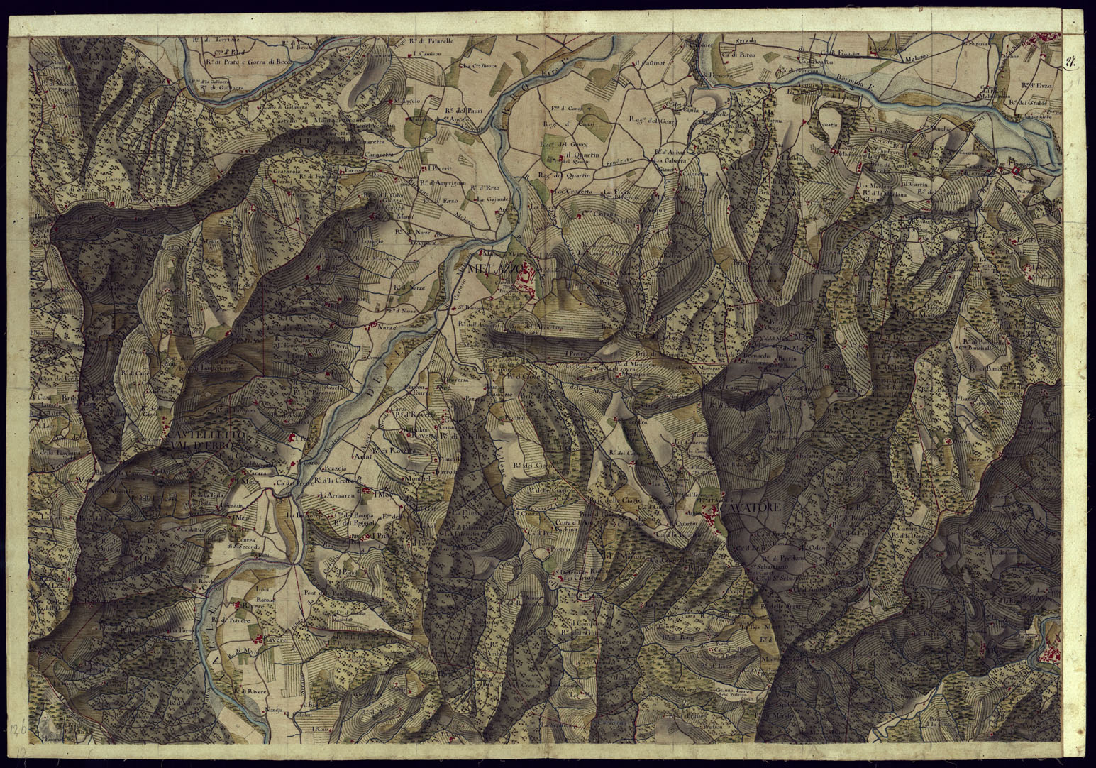 (N:13874) CARTA DI QUASI TUTTA L'EX PROVINCIA DI ACQUI E DI PARTE DI QUELLE DI MONDOVI', ALBA ED ALESSANDRIA - FOGLIO 27. (CA001355) Carte e stampe antiche: riproduzione a colori su carta (formato A1)