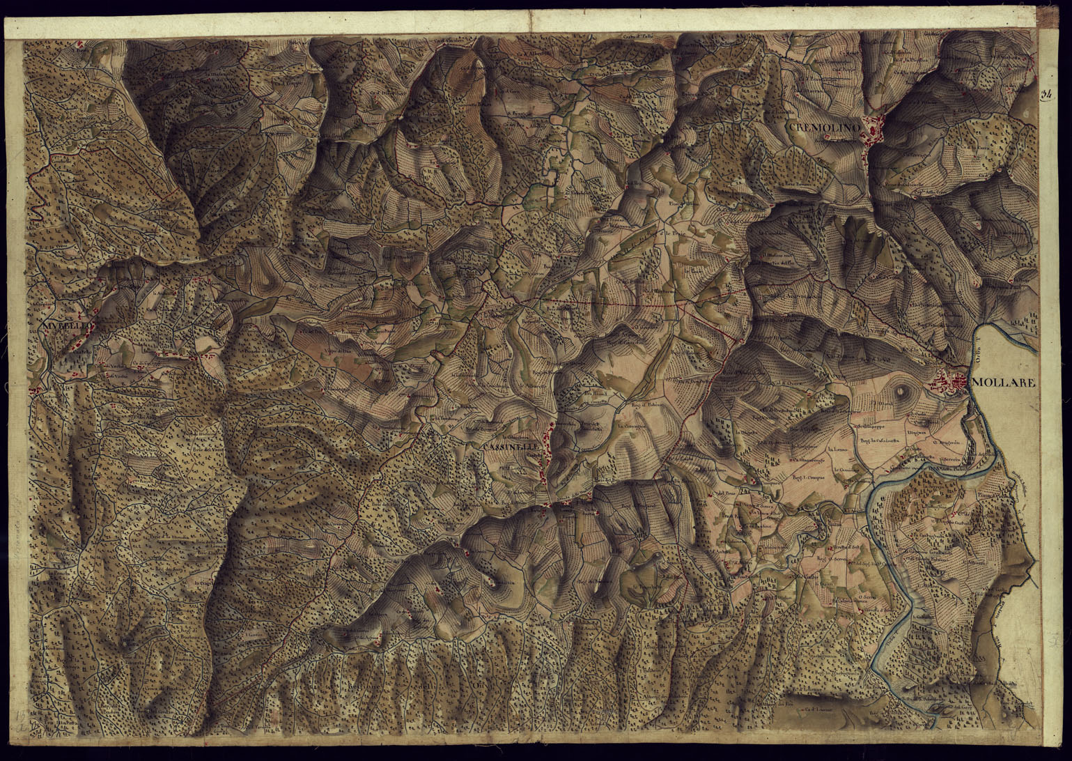 (N:14533) CARTA DI QUASI TUTTA L'EX PROVINCIA DI ACQUI E DI PARTE DI QUELLE DI MONDOVI', ALBA ED ALESSANDRIA - FOGLIO 34. (CA001362) Carte e stampe antiche: riproduzione a colori su carta (formato A1)