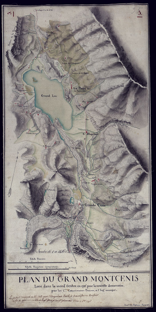 (N:4066) PLAN DU GRAND MONTCENIS LEVE' DANS LE MOIS D'OCTOBRE EN 1796 POUR LA NOUVELLE DEMARCATION, PAR LES C.NS COMMISSAIRES BROSSIER ET L'ING. SOUSSIGNE' JOSEPH CONTI ING. TOPOGRAPHE. (CA001396) Carte e stampe antiche: riproduzione a colori su carta (formato A1)