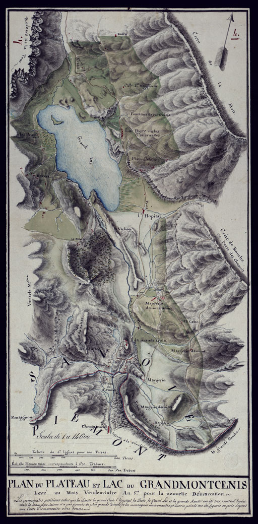 (N:4064) PLAN DU PLATEAU ET LAC DU GRAND MONTCENIS LEVE' AU MOIS VENDEMIAIRE AN 5 POUR LA NOUVELLE DEMARCATION. (CA001397) Carte e stampe antiche: riproduzione a colori su carta (formato A1)