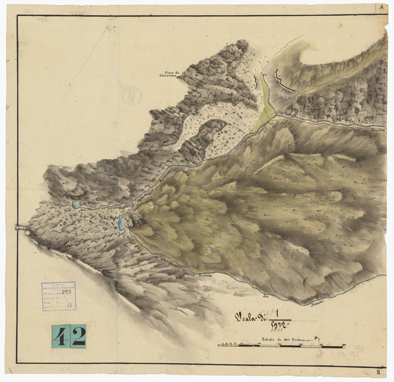 (N:23362) PLAN TOPOGRAPHIQUE D'UNE PORTION DU GRAND MONTCEN QUI COMPREND DEPUIS LA GRANDE CROIX JUSQU'A LA FIN DE LA PLAINE DE S. NICOLAS AVEC LA DEMONSTRATION DES RIVES ET MONTAGNES CONTIGUES. LEVE SUR LES LIEUX PAR L'INGENIEUR AUDE' JACQUE - ALLEGATO "A" (CA001402) Carte e stampe antiche: riproduzione a colori su carta (formato A1)