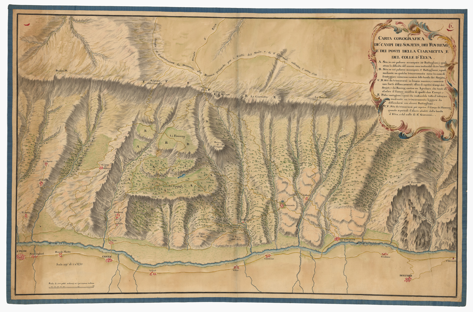 (N:13054) CARTA COROGRAFICA DE' CAMPI DEI SOUJETS, DEI FOURENG, E DEI POSTI DELLA CIARMETTA E DEL COLLE D'ELVA (CA001430) Carte e stampe antiche: riproduzione a colori su carta (formato A1)