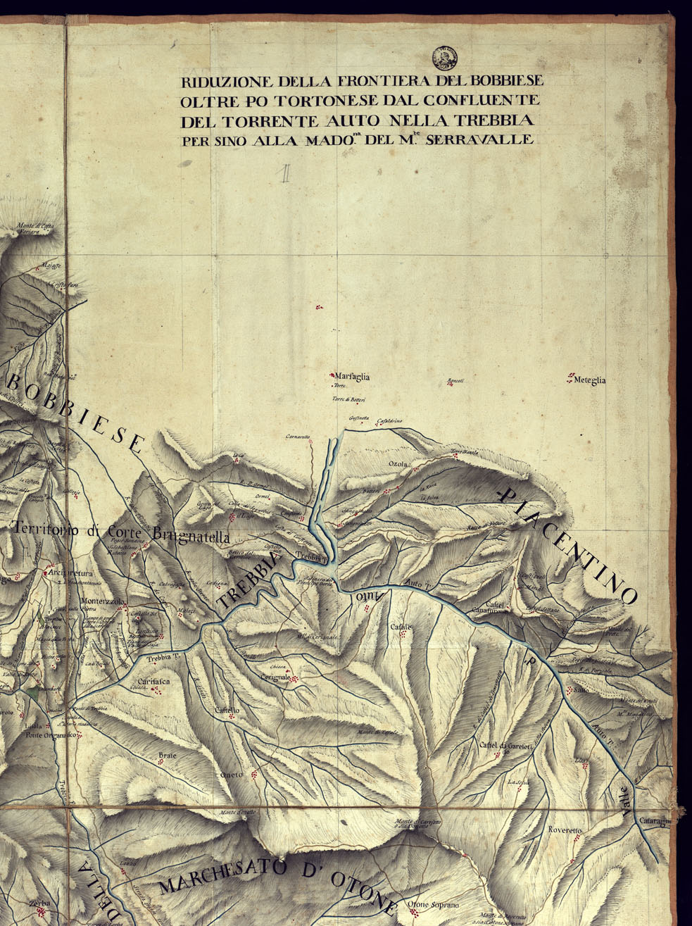 (N:15686) RIDUZIONE DELLA FRONTIERA DEL BOBBIESE OLTRE PO TORTONESE DAL CONFLUENTE DEL TORRENTE AUTO NELLA TREBBIA PER SINO ALLA MADO.NA DEL M. SERRAVALLE - FOGLIO 1 E RETRO. (CA001435, CA001431, CA001432, CA001433, CA001434) Carte e stampe antiche: riproduzione a colori su carta (formato A1)