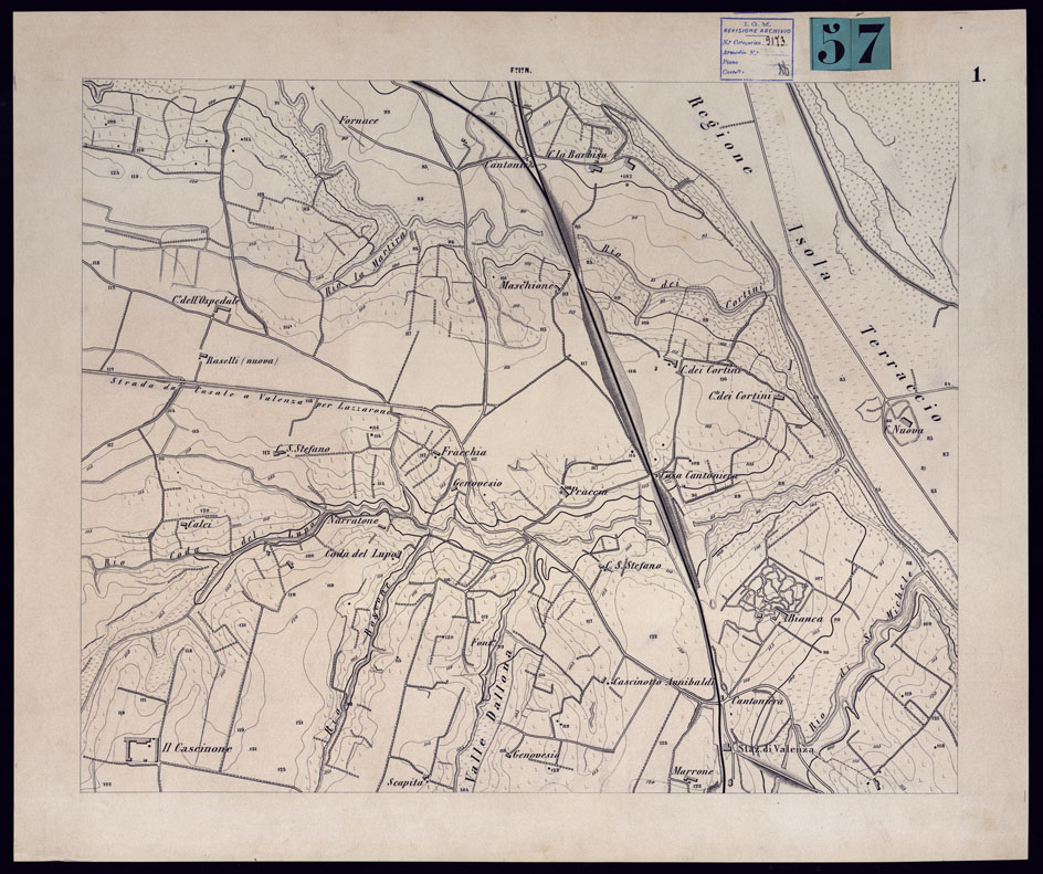 (N:23373) DINTORNI DI VALENZA AL 5,000. SETTE FOGLI ORIGINALI 1,2,3,4,8,12,16 PERVENUTI DAL SIGNOR COMM. COLAO IL 25 LUGLIO 1883 - TAVOLA 1. (CA001442) Carte e stampe antiche: riproduzione a colori su carta (formato A1)