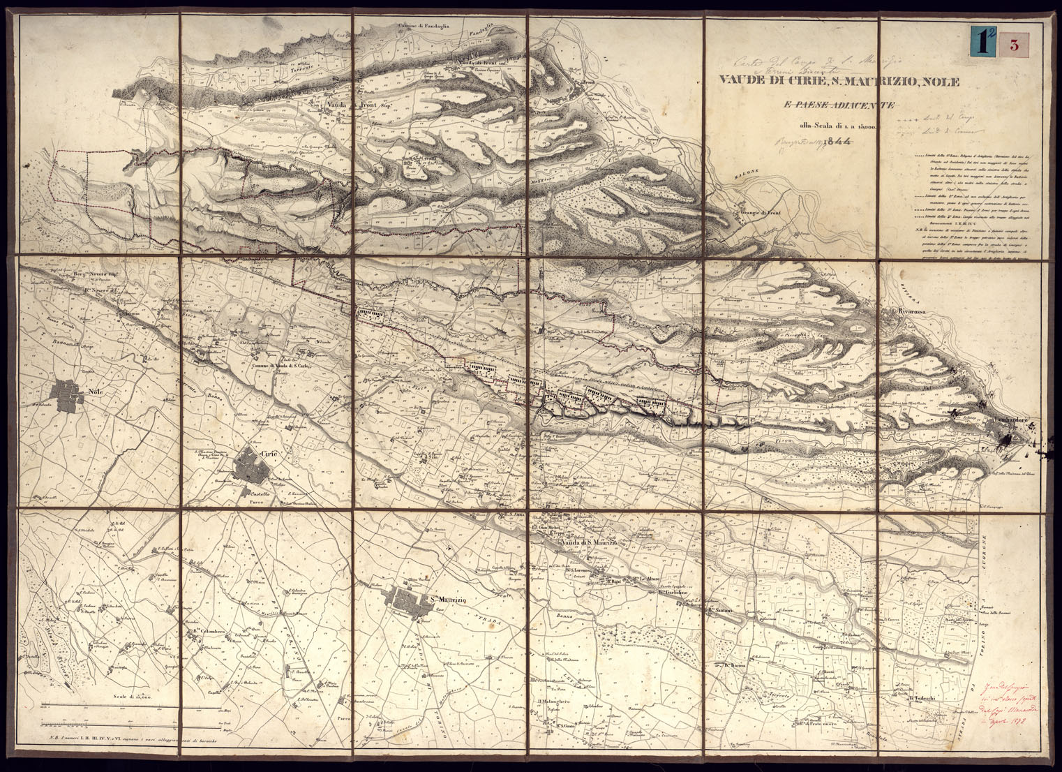 (N:23384) VAUDE DI CIRIE', S. MAURIZIO, NOLE E PAESE ADIACENTE ALLA SCALA DI 1. A 15,000 1844. (CA001451) Carte e stampe antiche: riproduzione a colori su carta (formato A1)