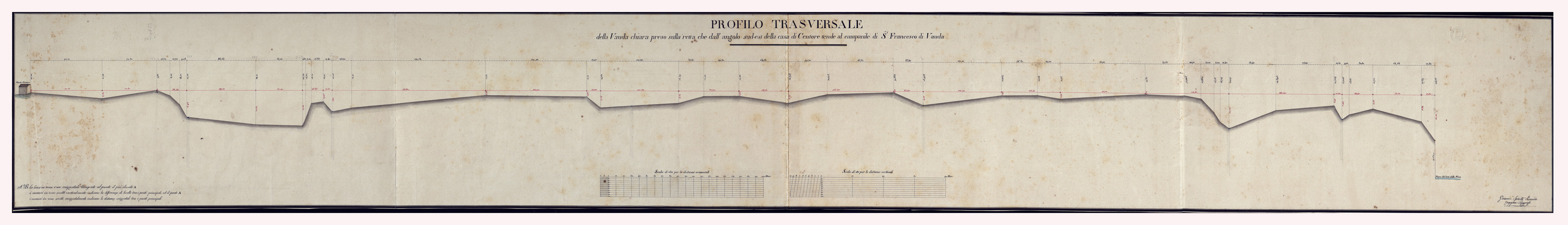 (N:3491) PROFILO TRASVERSALE DELLA VAUDA CHIARA PRESO SULLA RETTA CHE L'ANGOLO SUD-EST DELLA CASA DI CENTORE TENDE AL CAMPANILE DI S. FRANCESCO DI VAUDA. (CA001456) Carte e stampe antiche: riproduzione a colori su carta (formato A1)