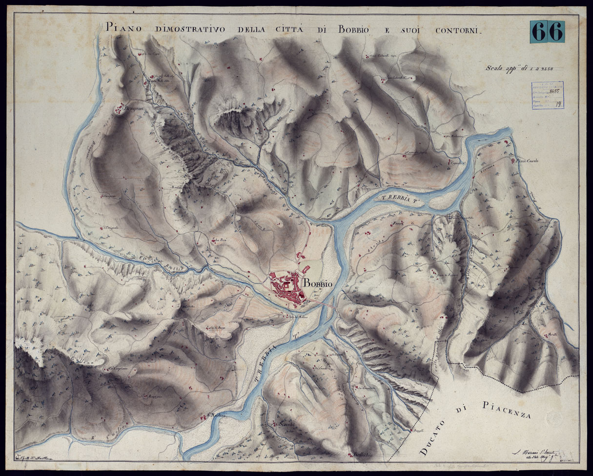 (N:3428) PIANO DIMOSTRATIVO DELLA CITTA' DI BOBBIO E SUOI CONTORNI (CA001477) Carte e stampe antiche: riproduzione a colori su carta (formato A1)