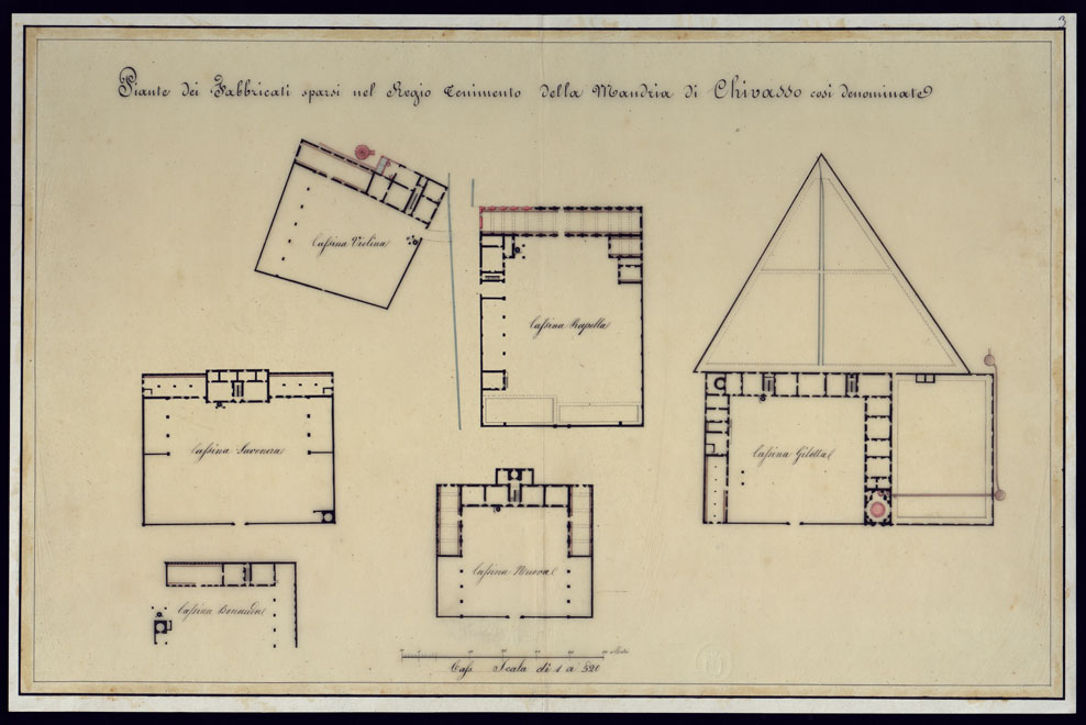 (N:3418) PIANTE DEI FABBRICATI SPARSI NEL REGIO TENIMENTO DELLA MANDRIA DI CHIVASSO COSI' DENOMINATE. (CA001482) Carte e stampe antiche: riproduzione a colori su carta (formato A1)