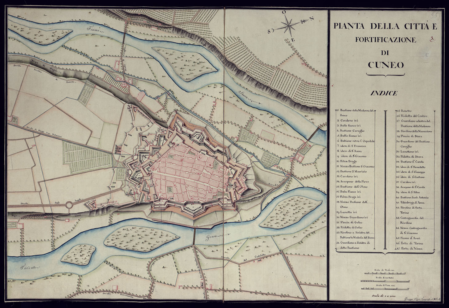 (N:3163) PIANTA DELLA CITTA' E FORTIFICAZIONE DI CUNEO. (CA001484) Carte e stampe antiche: riproduzione a colori su carta (formato A1)