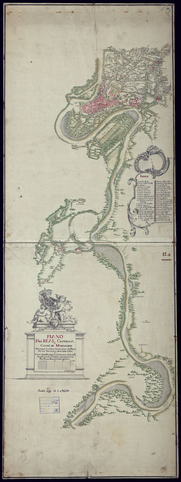 (N:3084) PIANO DEL REAL CASTELLO, E CITTA' DI MONCALIERI DOVE PUR SI VEDANO LE CORRUSIONI DEL FIUME PO' NEL TERRITORIO DELLA CITTA, E PARTE DELLA MONTAGNA CON DIVERSE FONTI, STRADE BORGHI, LASCITI, E CASSINE, CON UNA PORZIONE DEL FIUME NUNE, IL TUTTO REGOLARE. (CA001488) Carte e stampe antiche: riproduzione a colori su carta (formato A1)