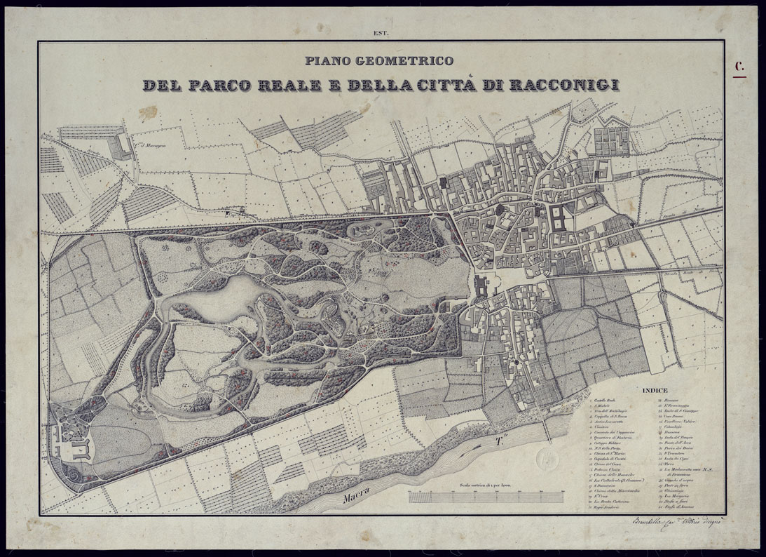 (N:2703) PIANO GEOMETRICO DEL PARCO REALE E DELLA CITTA' DI RACCONIGI. (CA001500) Carte e stampe antiche: riproduzione a colori su carta (formato A1)