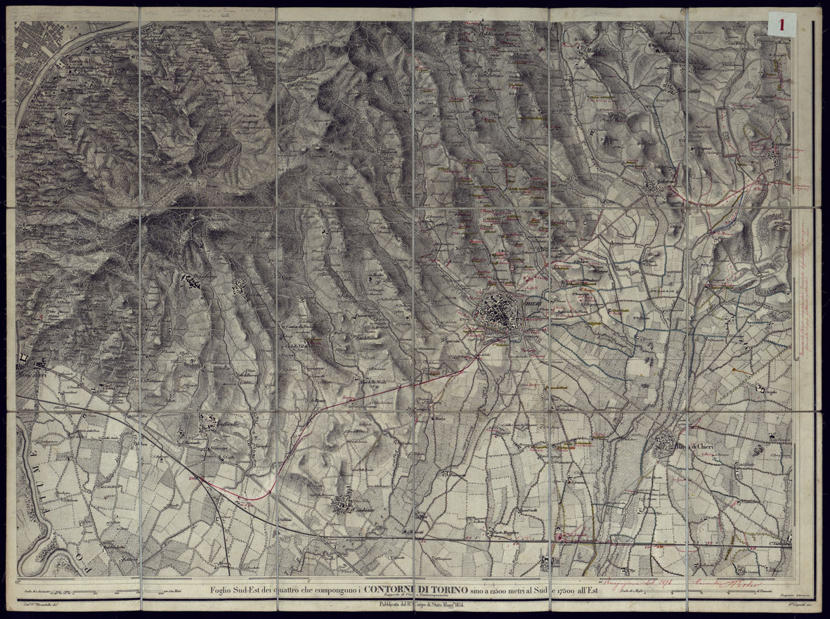 (N:23406) CONTORNI DI TORINO - FOGLIO 4 + SPEZZONE SU TELA A STACCHI. (CA001524, CA001525) Carte e stampe antiche: riproduzione a colori su carta (formato A1)