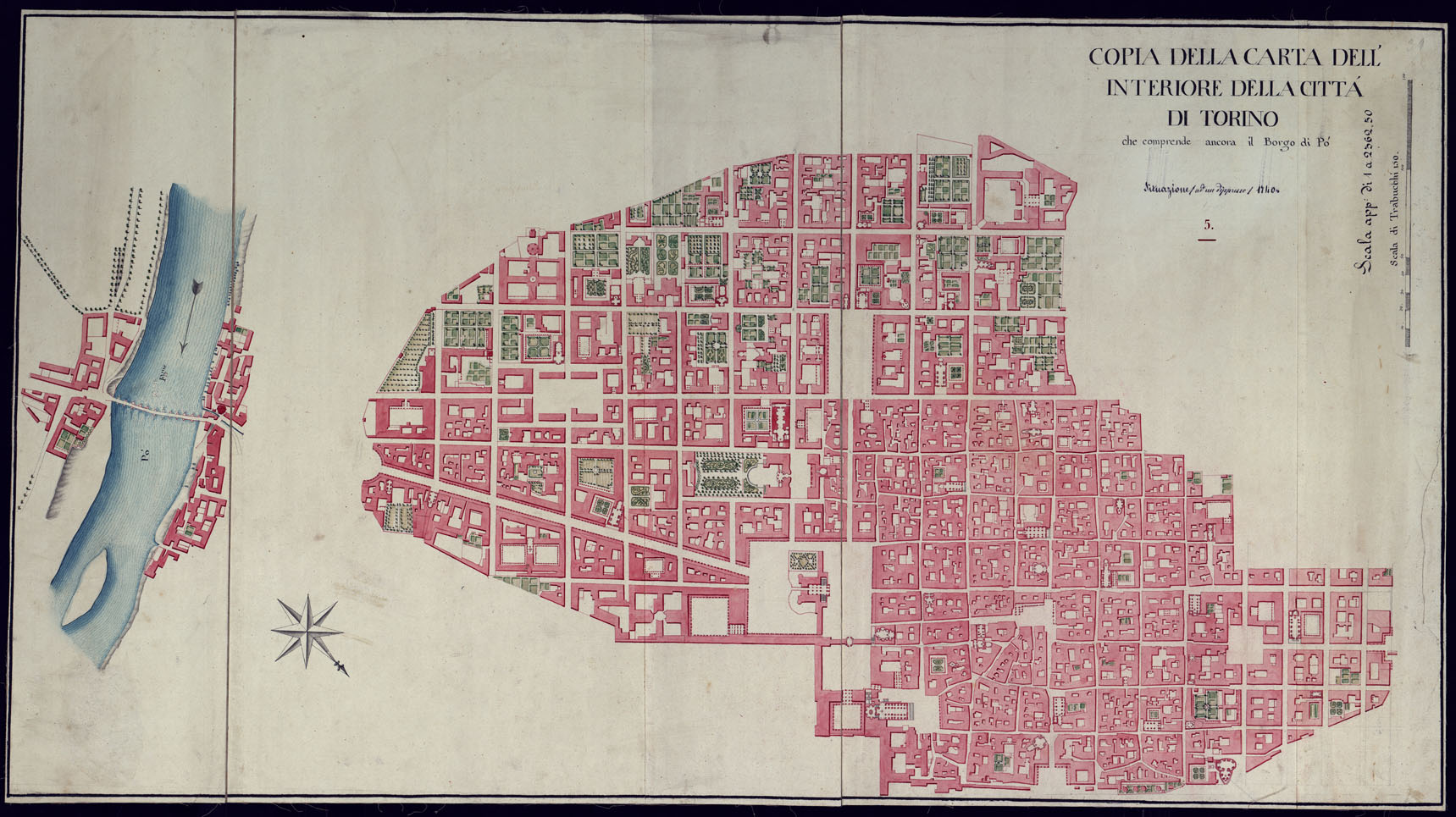 (N:2609) COPIA DELLA CARTA DELL'INTERIORE DELLA CITTA' DI TORINO CHE COMPRENDE ANCORA IL BORGO DEL PO'. (CA001529) Carte e stampe antiche: riproduzione a colori su carta (formato A1)